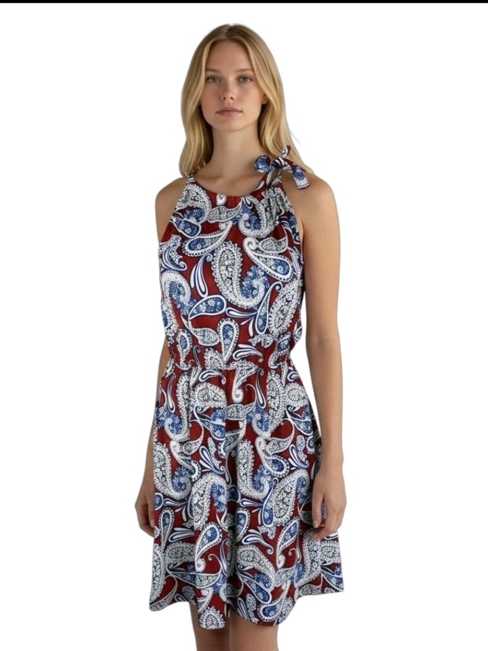 Banana Republic Red and Blue Paisley Tie-Shoulder A-Line Dress
